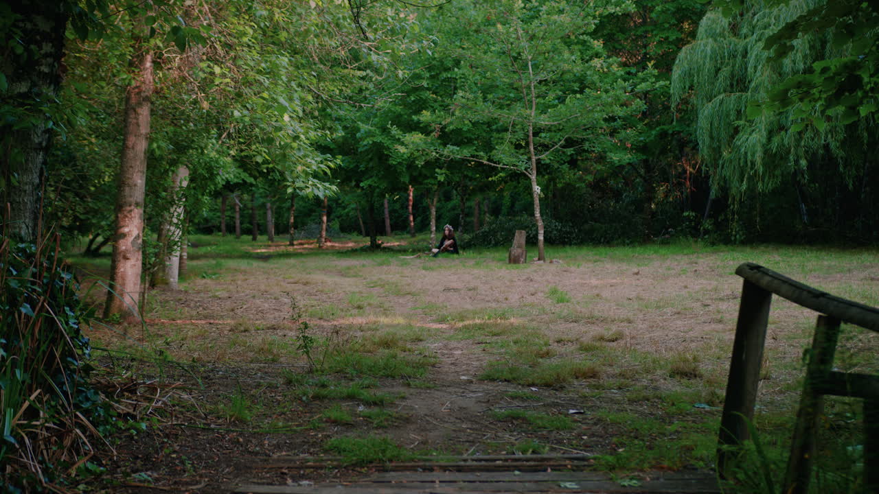 young druid girl in a forest meditating very long shot