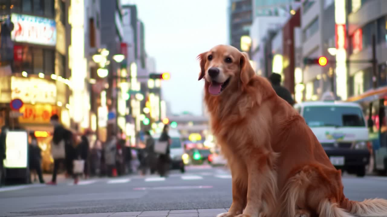 Golden Retriever Sitting Calmly on a Busy Urban Street Amidst Pedestrians and Traffic in a City During Dusk