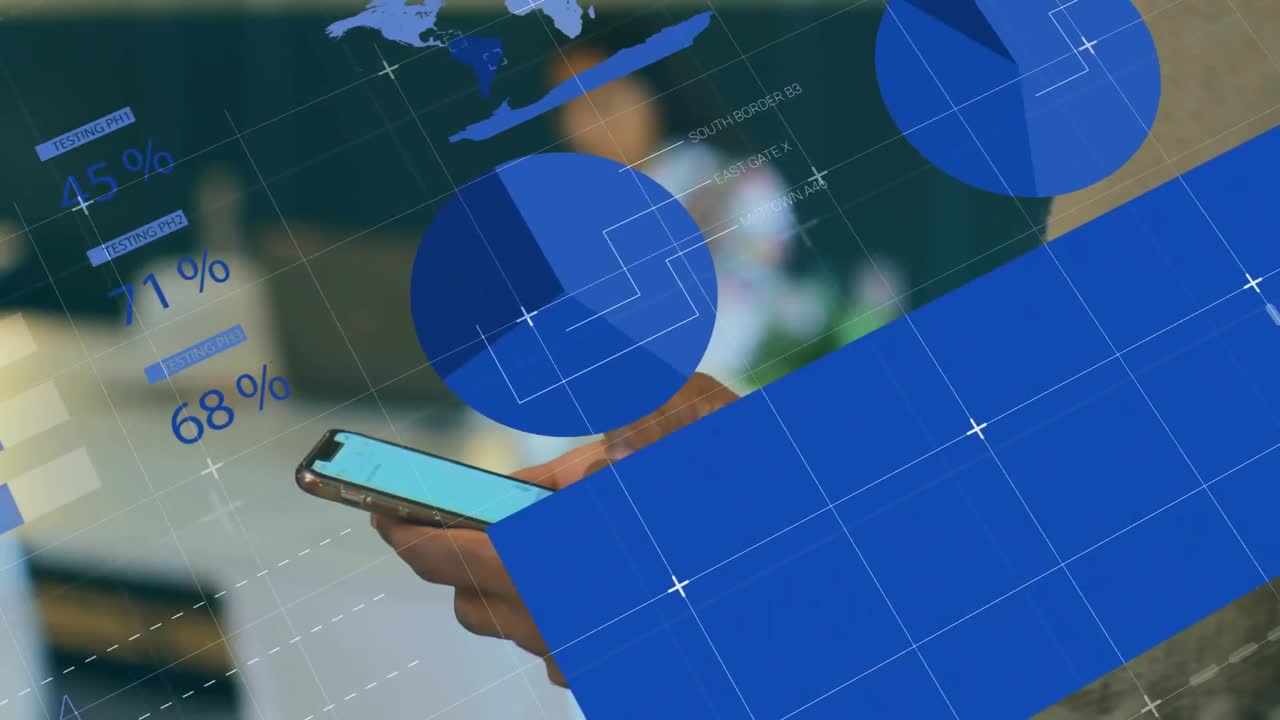 la sección media de un ejecutivo masculino se muestra usando un teléfono móvil en una oficina moderna.