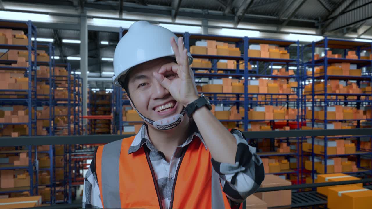 안전 헬을 입은 아시아 남성 엔지니어가 배달 물품으로 가득 찬 선반을 가진 창고에 서서 카메라에 미소 짓고 창고에서 눈 위에 ok 손 표시를 보여줍니다.