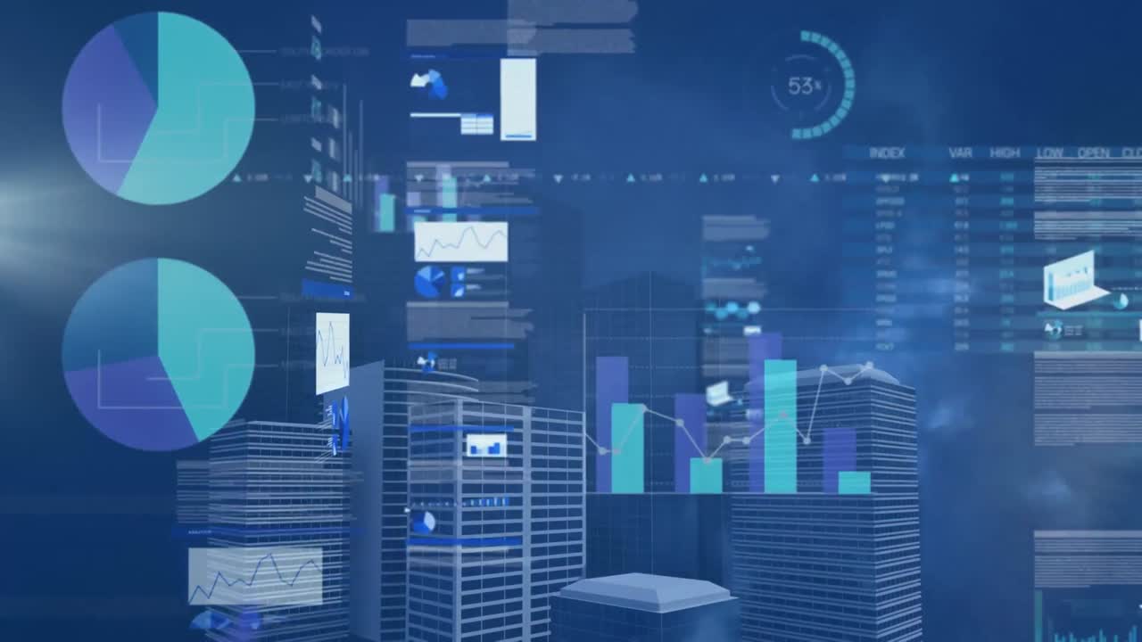 Animation of data processing over cityscape