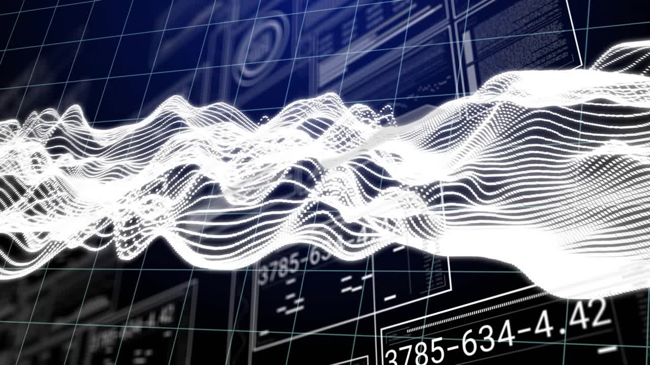 At start white waveform entering left shifting peaks revealing 3D-grid UI and showing data trends
