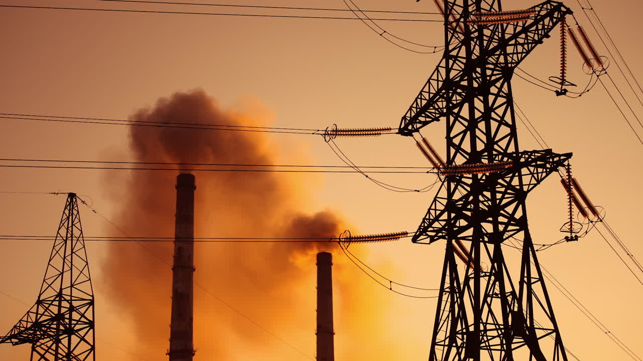 Polluting factory at dawn. Electric towers next to dirty smoke emitting from factory pipes at sunset. Climate change. Ecological disaster.