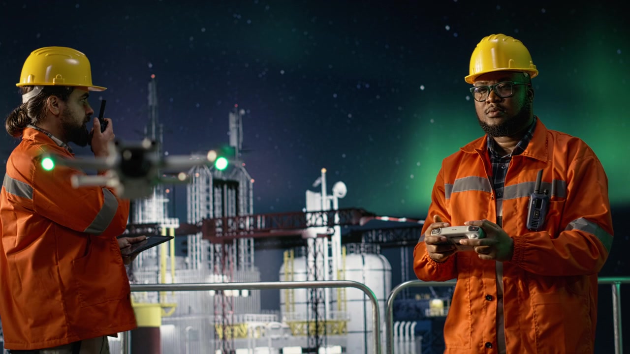 Find af fossile brændstofreserver, oliekrise og drone brugt af mand på offshore platform.