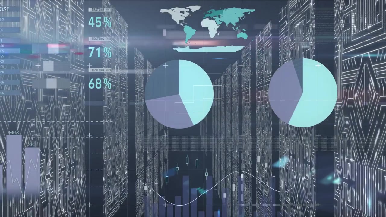 Animation of data processing over screens with microprocessor connections against blue background