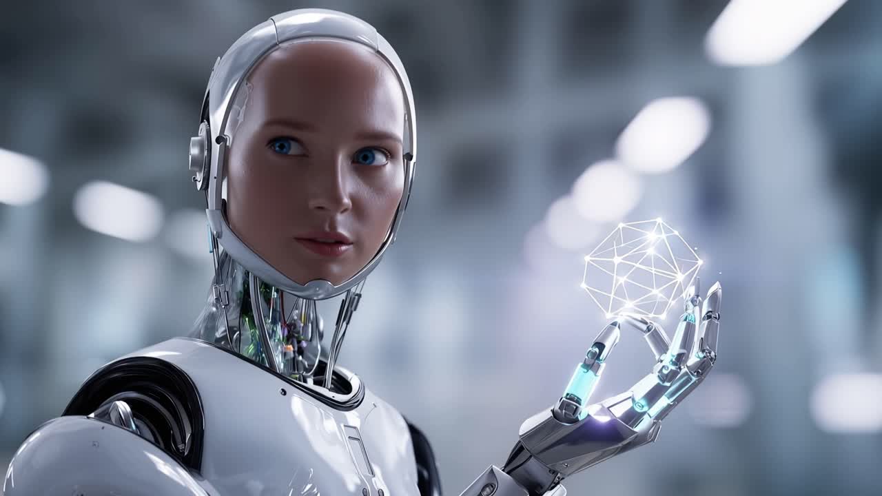 Un robot umanoide futuristico esibisce tecnologia avanzata mentre tiene una sfera luminosa, rappresentando l'intersezione tra intelligenza artificiale e creatività umana.