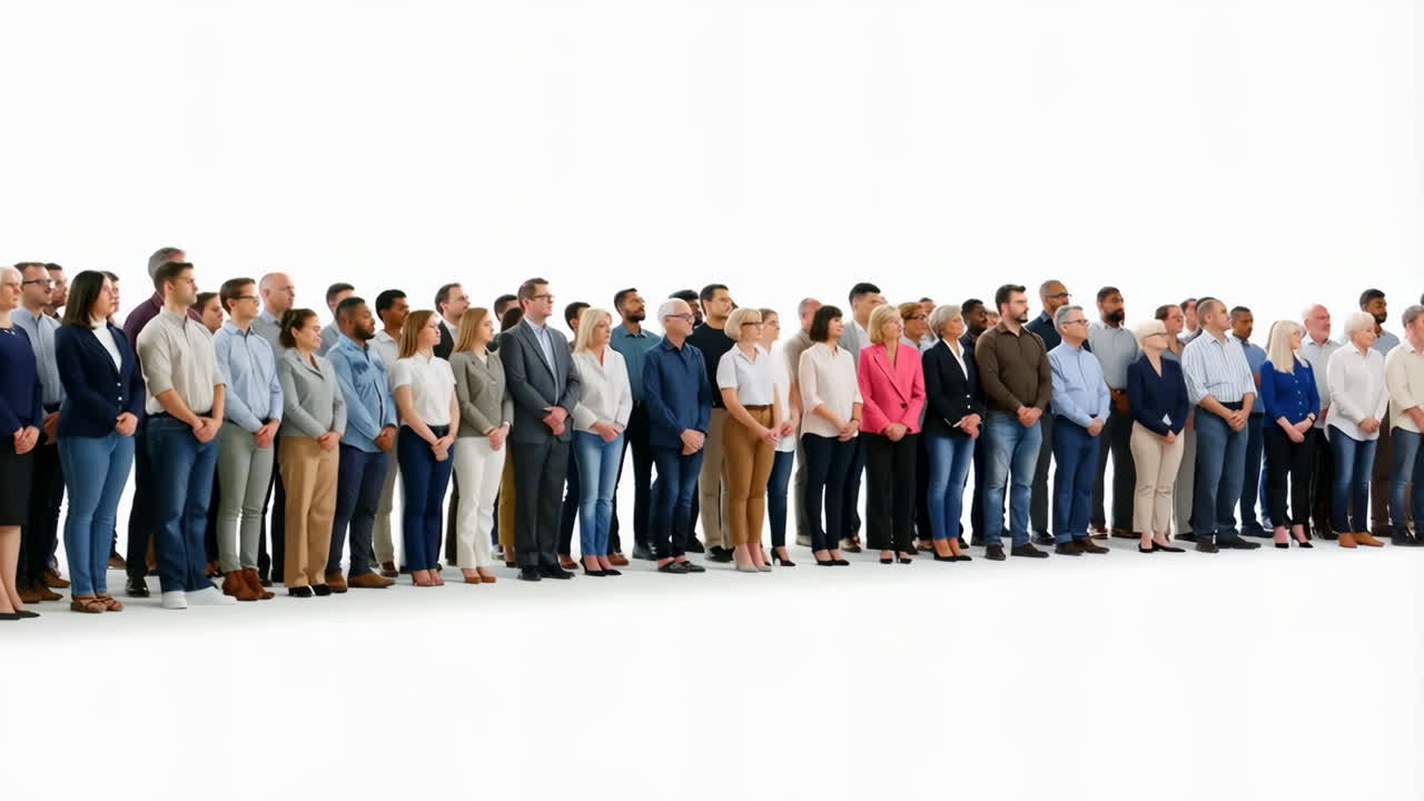 Large group of diverse business people standing in a line against a white background
