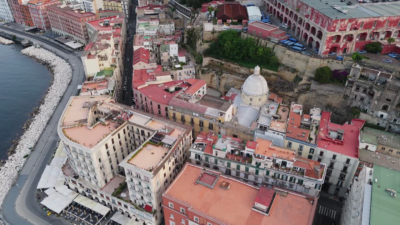 aerial top down of Naples city center downtown with old ancient historical buildings