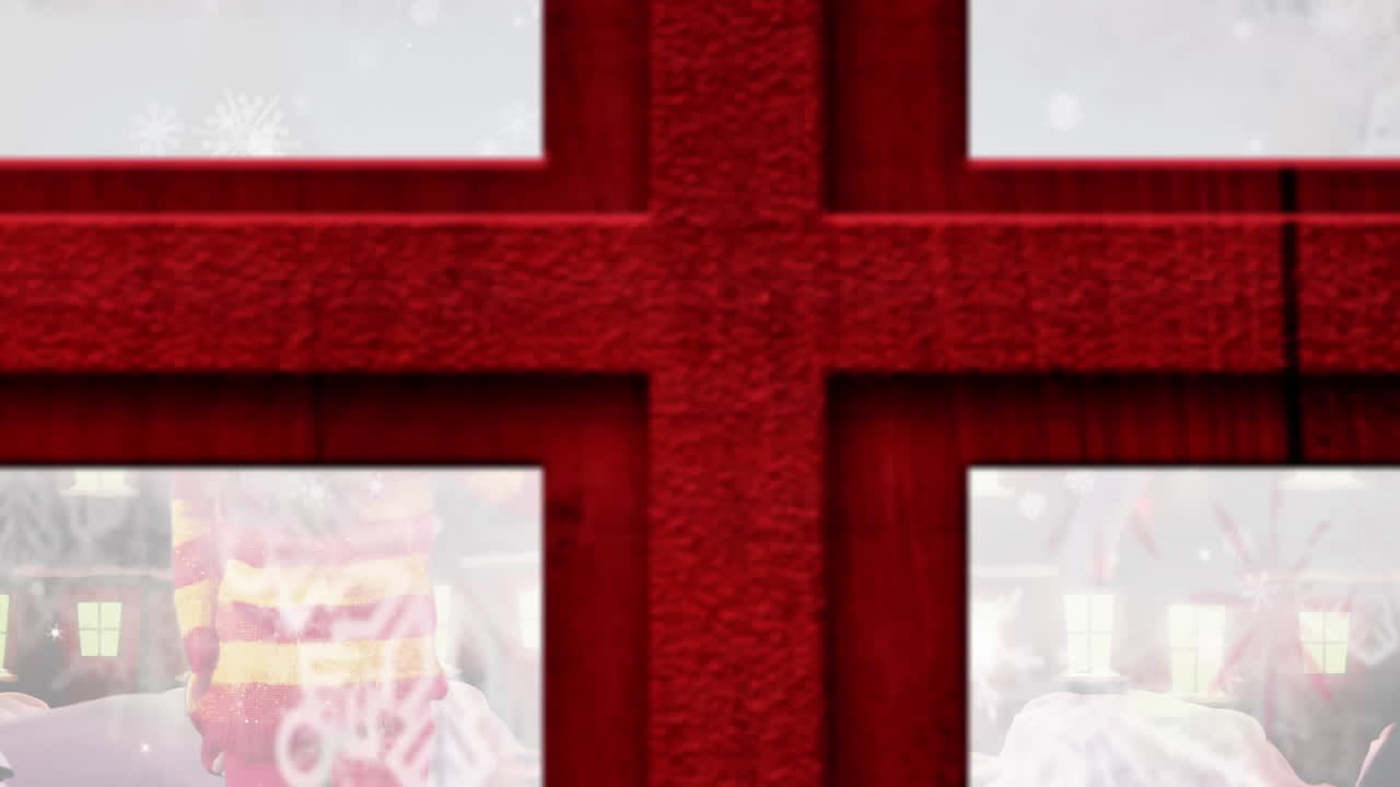 여자 손을 흔들고 산타클로스가 사 ⁇ 과 함께 겨울 풍경 위의 크리스마스 트리의 애니메이션