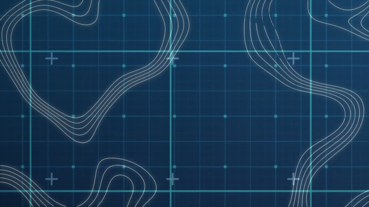 Forming abstract topographic map design, contour lines and grid pattern in animation
