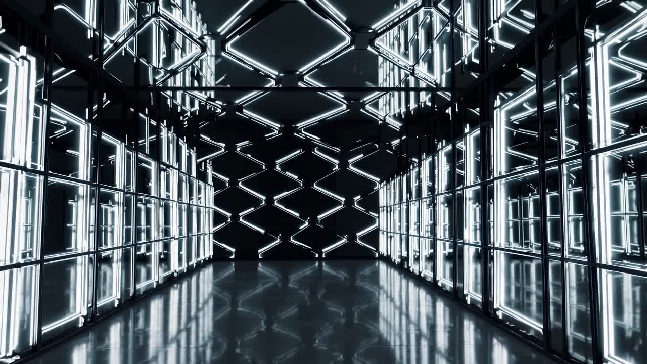 Futuristic Neon Corridor with Reflective Walls