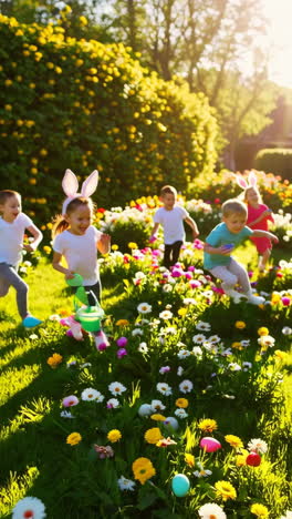 happy children enjoying an outdoor easter egg hunt
