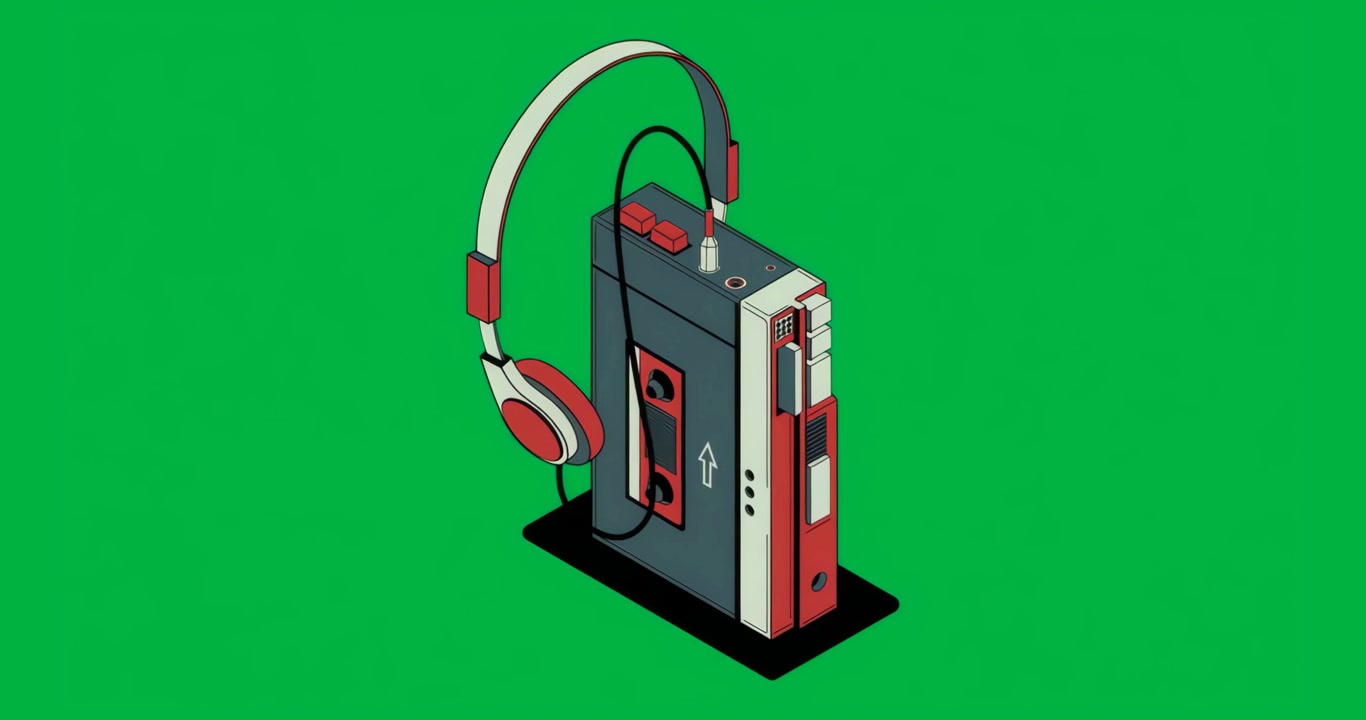 Lettore di cassette retrò su sfondo trasparente con pulsanti rossi e cuffie per la musica