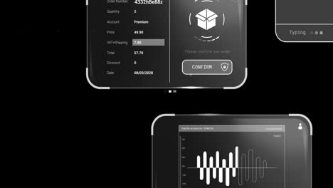 Animation of data processing on screens over black background
