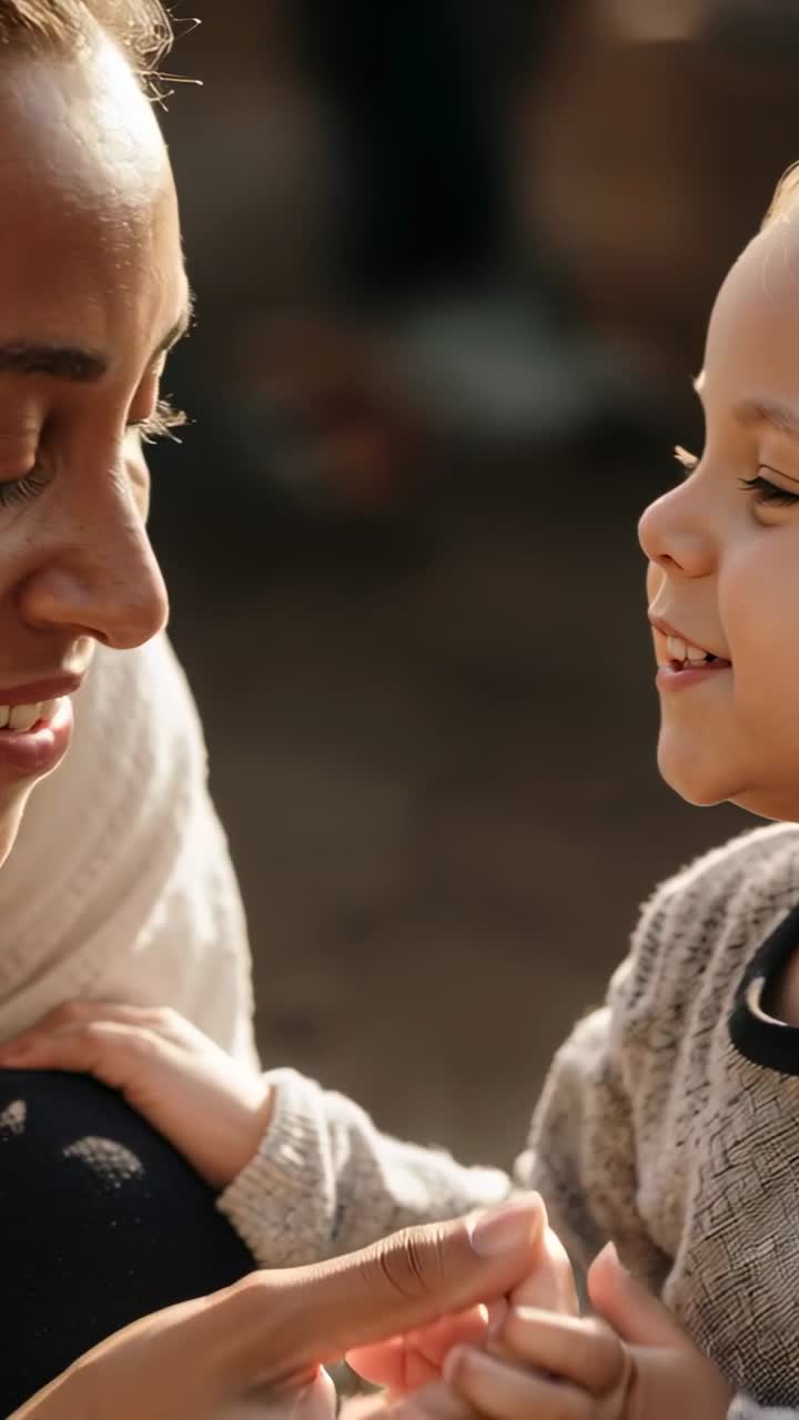 Video verticale: Mamma e bambino incrociano gli sguardi, allungano le mani unendosi e sorridono mentre si forma un legame genitoriale
