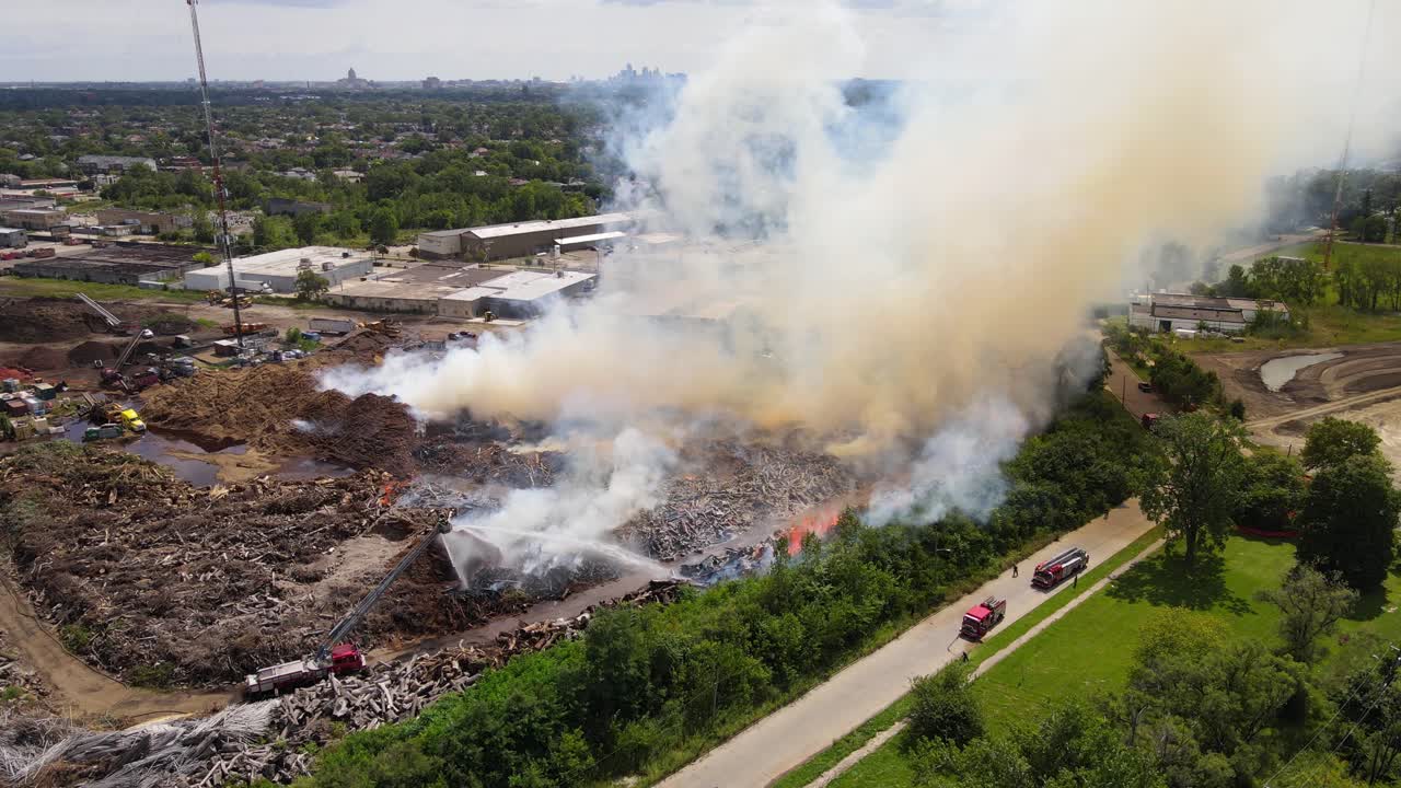 Burning mulch company, environmental disaster, aerial view