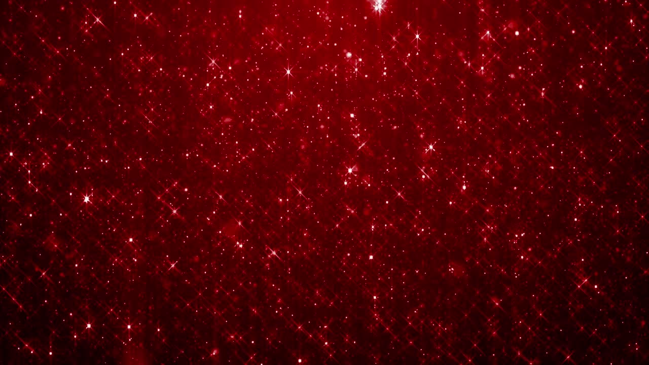 Festive, glittering background of red sparkles, bokeh, and star particles falling diagonally with light rays. For Christmas or parties