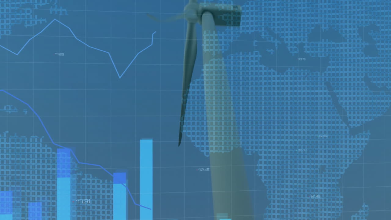 Wind turbine tower occupying center, displaying translucent data charts with grid map overlay