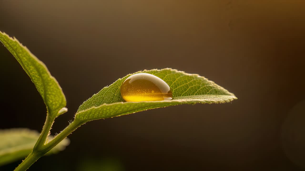 Gota de ámbar asentándose en una hoja verde que reacciona a la luz cálida de fondo, mostrando venas y pelos, macro