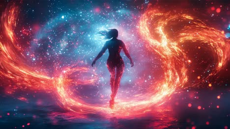 woman in a cosmic fire vortex