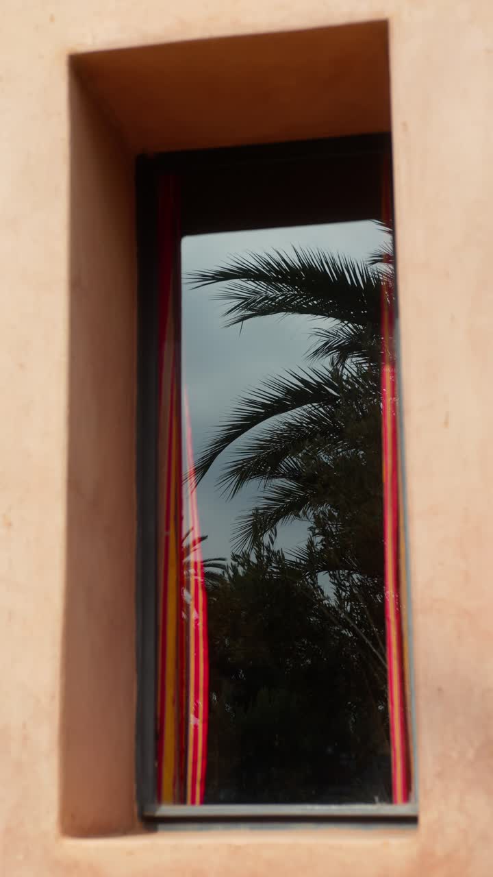 Finestra con riflesso di palma, atmosfera di Marrakech, scatto verticale, sensazione di calma