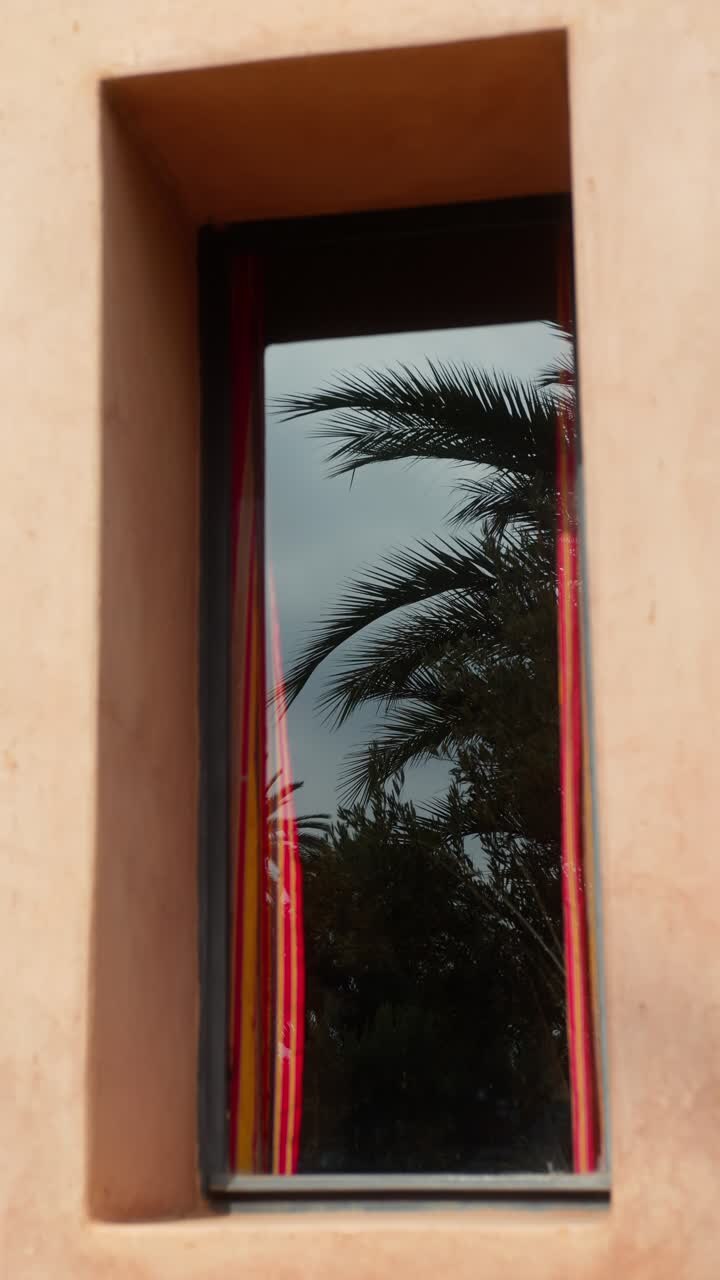 Finestra con riflesso di palma, atmosfera di Marrakech, scatto verticale, sensazione di calma