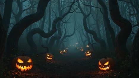 A sinister Halloween forest scene with twisted trees shrouded in mist and illuminated by glowing, grinning jack-o&#039;-lanterns guiding the eerie path ahead