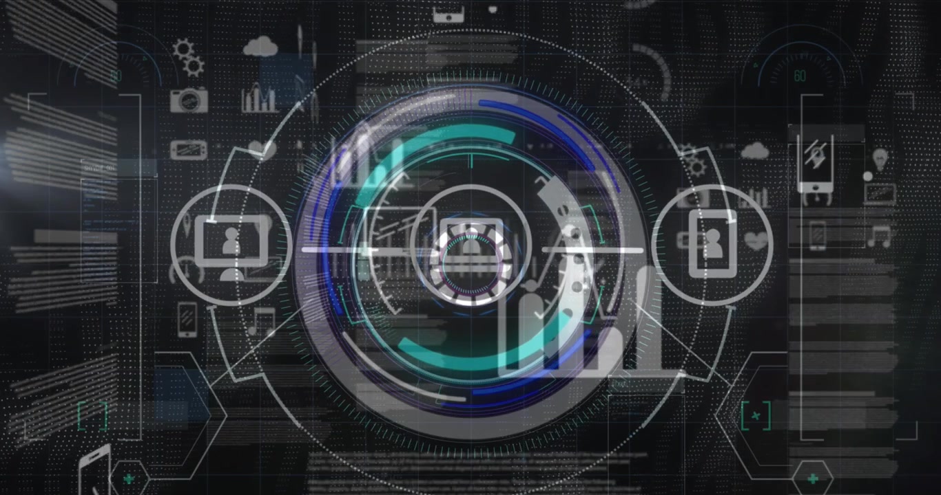 Animation of icon in circles, arc reactor over application icons and database over black background