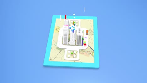 3d buildings on smart tablet. futuristic life with artificial intelligence.