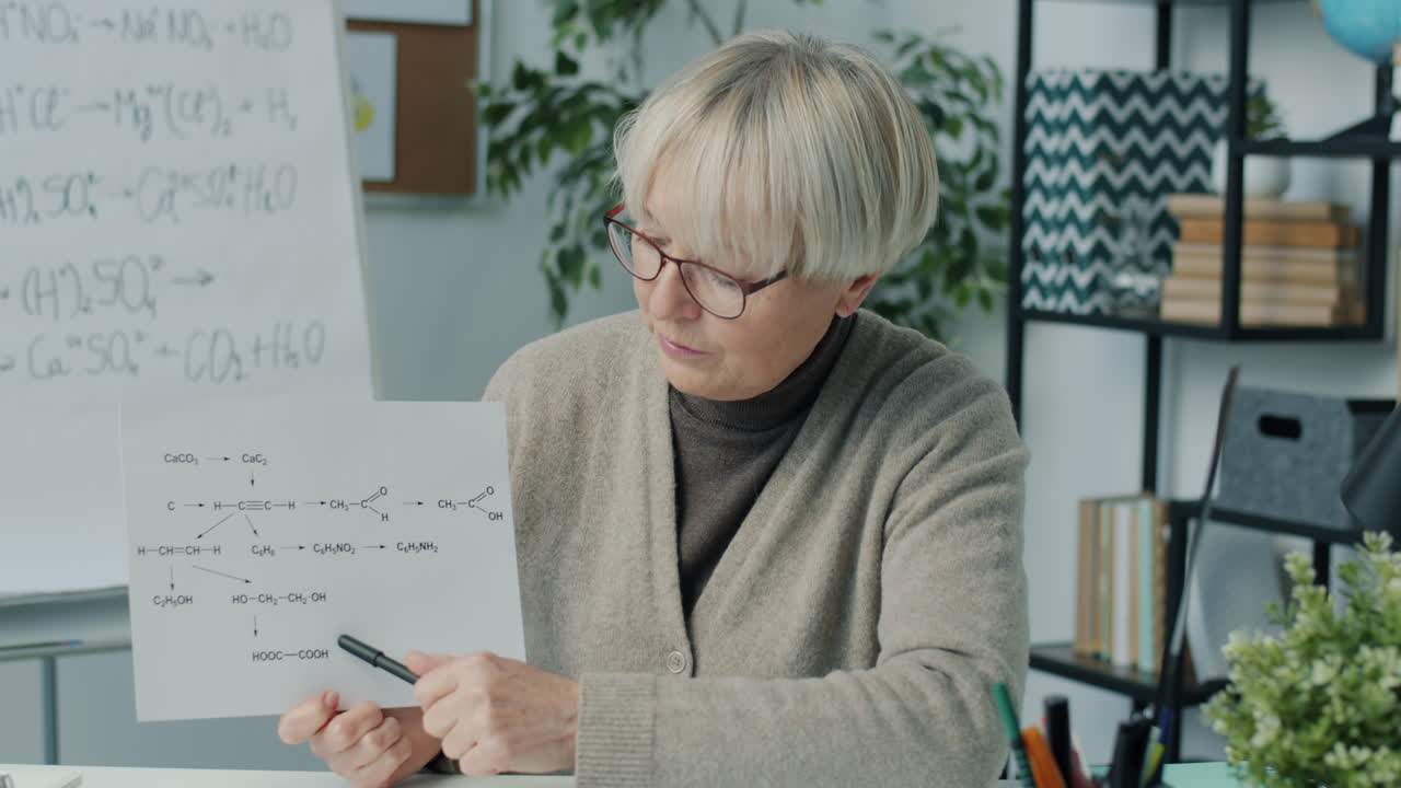 Teacher explaining chemical formulas in a classroom