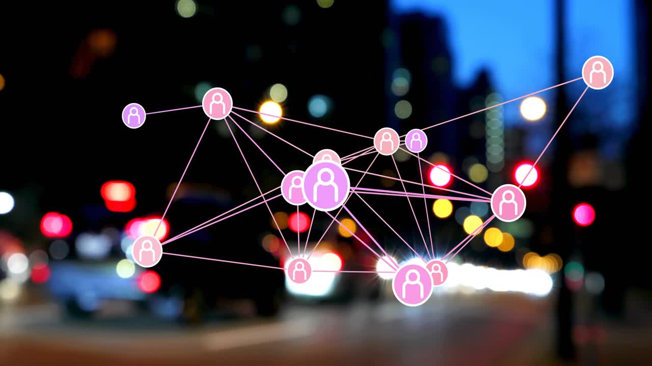 Node cluster appearing frame one, network growing, connecting nodes and pulsing core, showing links