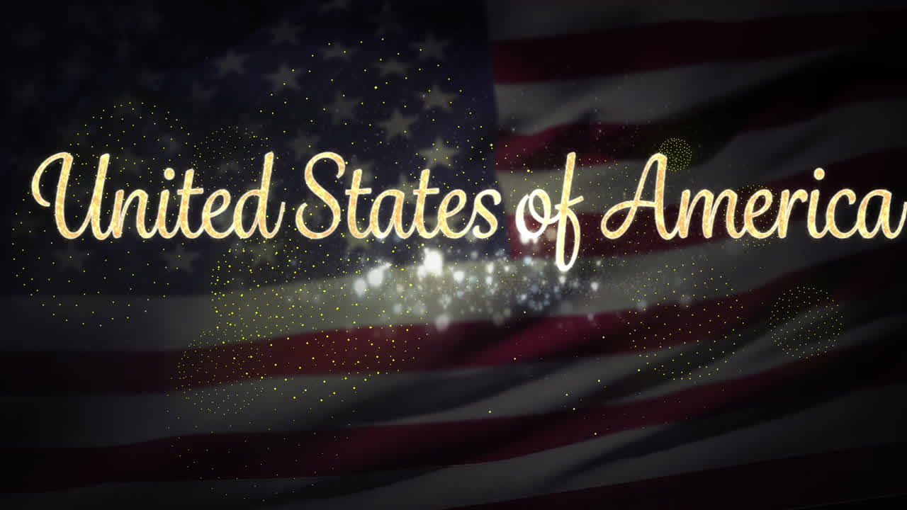 Animation af teksten 'United States of America' over USA's flag