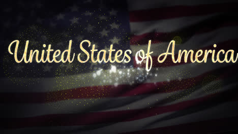 animation of united states of america text over flag of united states of america