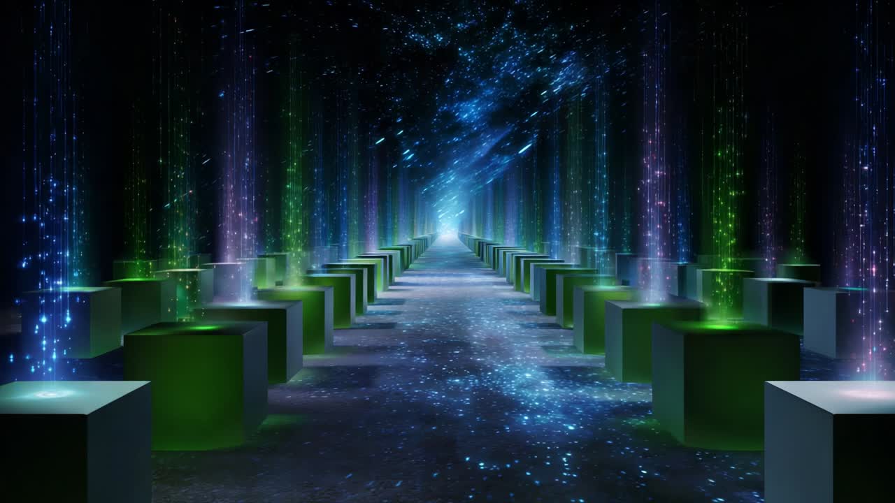 A captivating visual journey through a futuristic corridor illuminated by vibrant streams of colored light, where shimmering particles dance around geometric shapes, creating an awe-inspiring, immersive experience