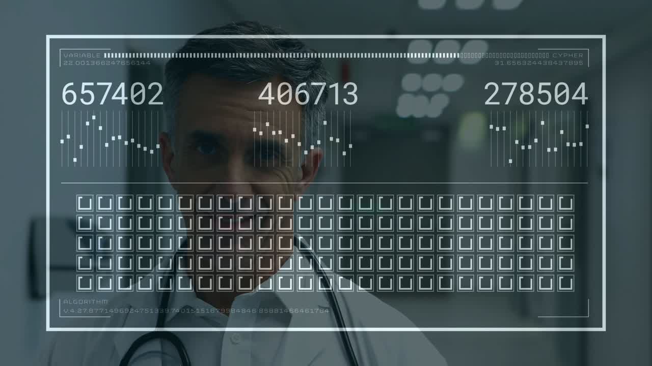 Dottore che scrive su un blocco note attivando un HUD che aggiorna numeri, forme d'onda e una griglia di icone per la cura del paziente