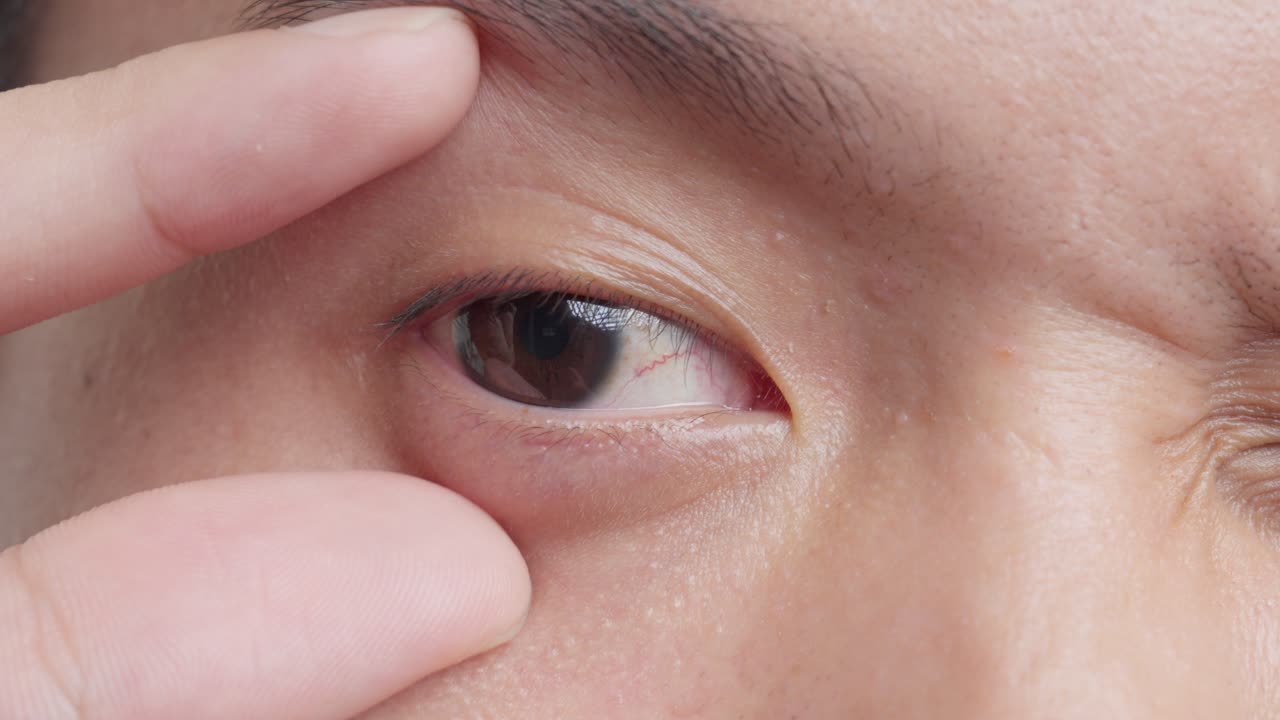 아시아 젊은이가 갈색 눈을 열고 그것을 바라보고 있습니다.