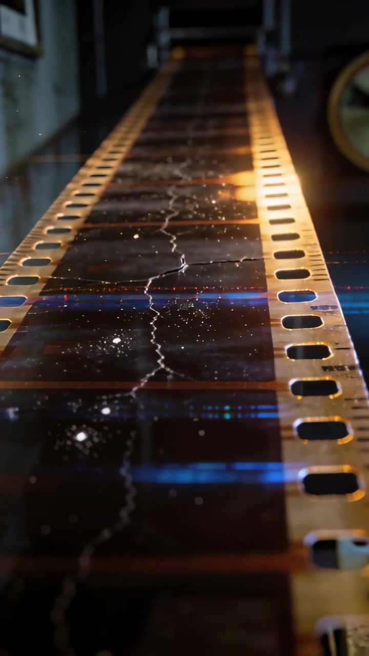 Vertical video: Motor starting, 35mm film advancing past reel in projection booth for playback