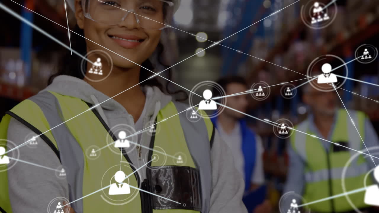 animación de la red de conexiones con iconos sobre diversos trabajadores en el almacén