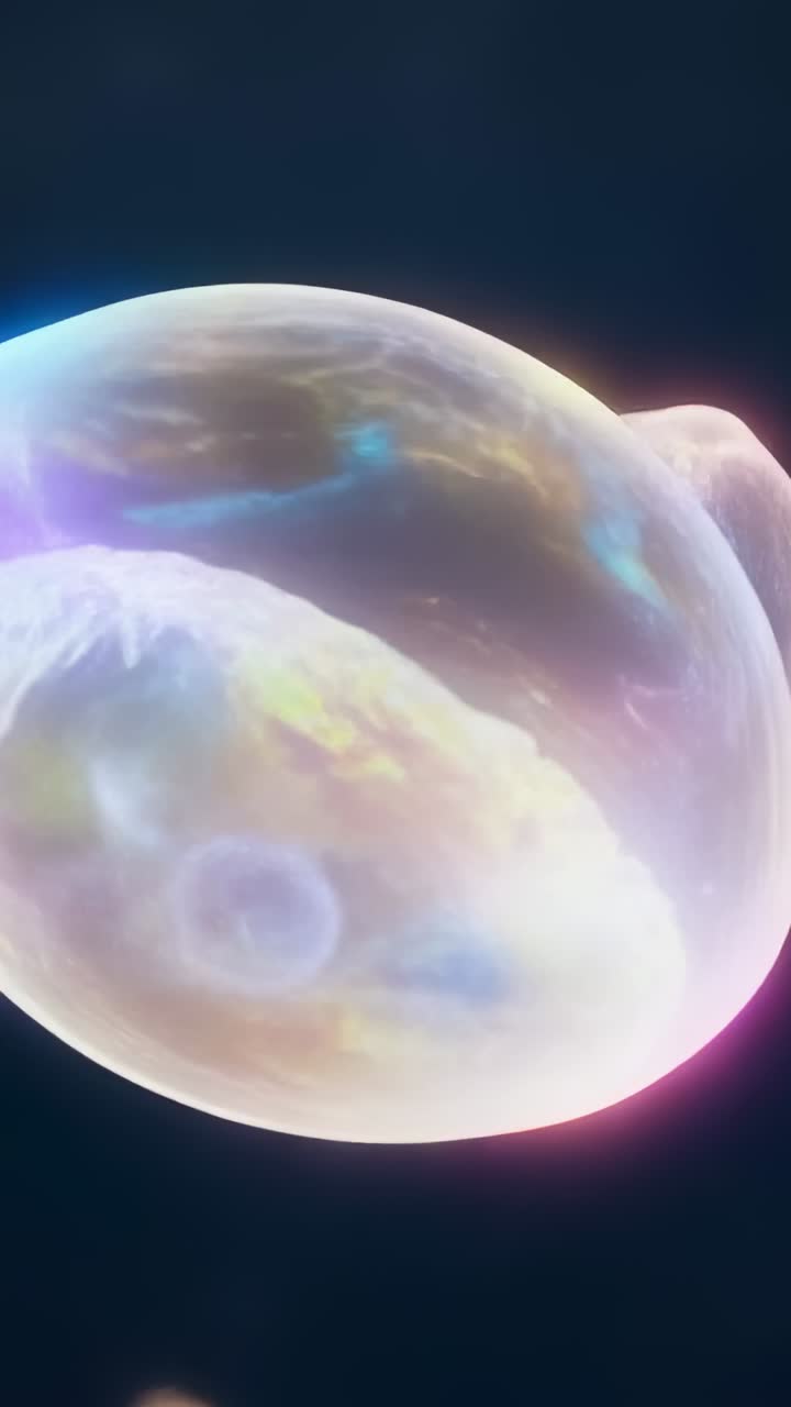 Video verticale: camera con panoramica a destra, bolle traslucide che fluttuano nel vuoto, rivelando turbinii di nebulose