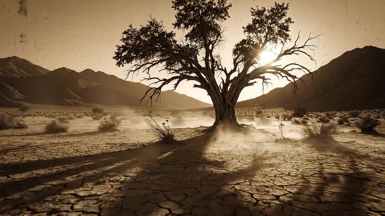 Eenzame boom in een gebarsten woestijnlandschap bij zonsondergang