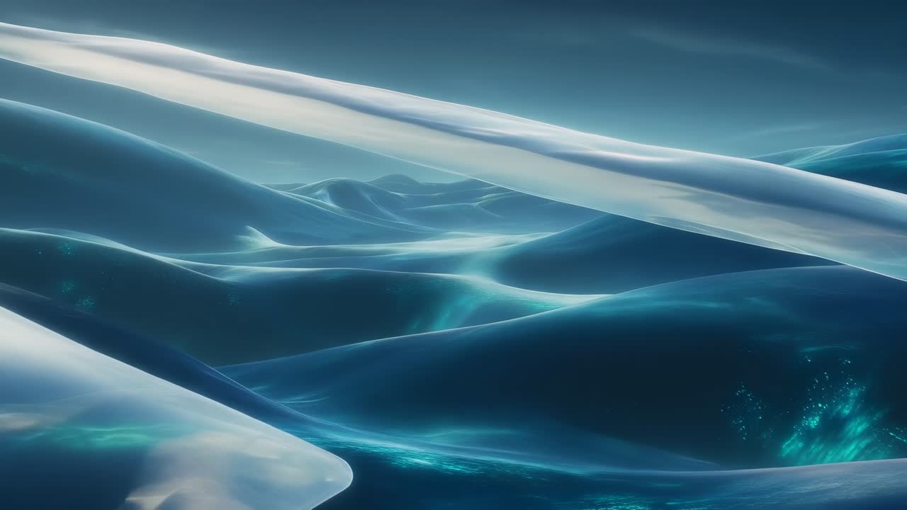 Frame one starting ribbon sliding diagonally over CG waves, revealing teal glows, creating loop