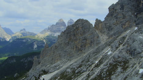 majestic tre cime mountain peaks in italy's dolomite alps, aerial landscape