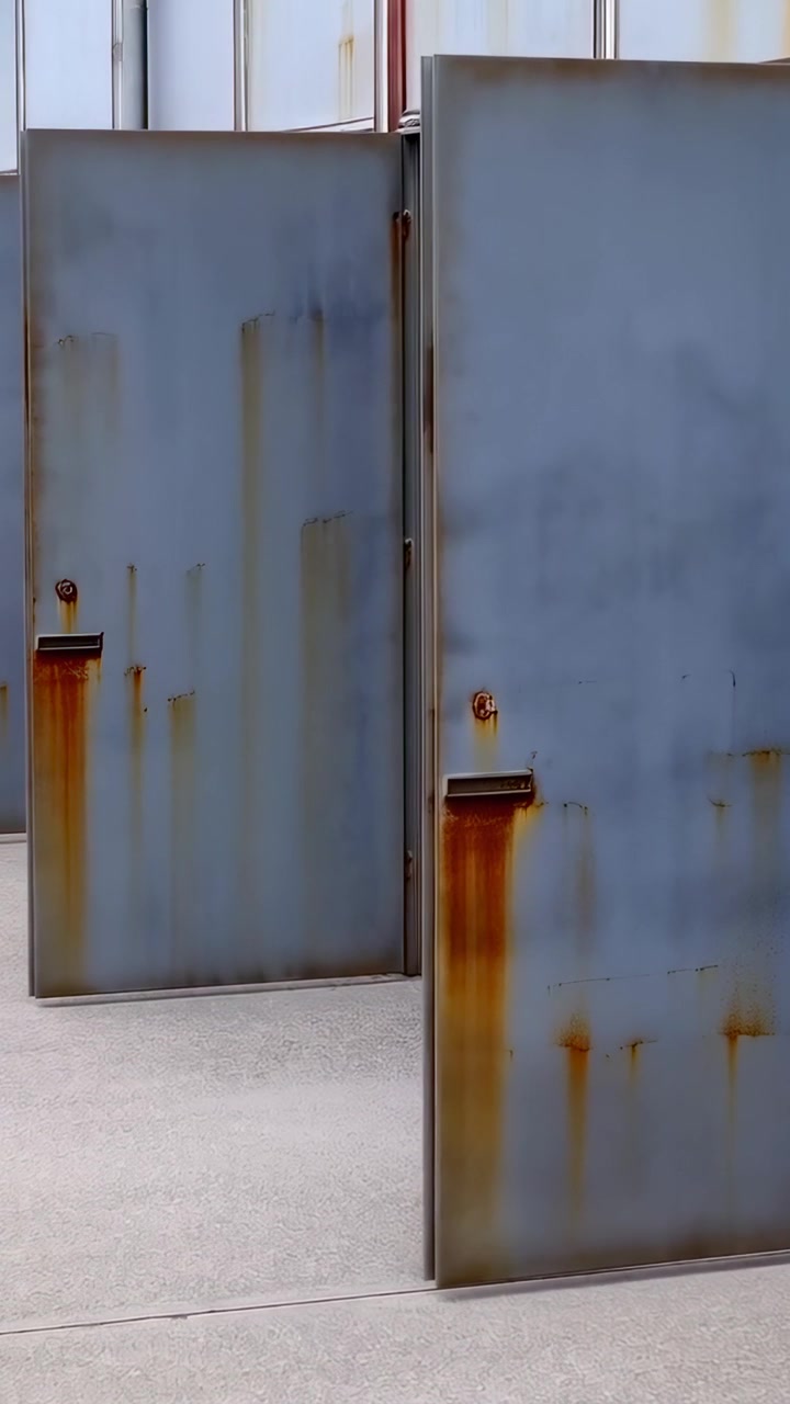 Video verticale: Panoramica della telecamera che rivela un pannello metallico nel cortile, esponendo una stretta fessura e un chiavistello arrugginito.