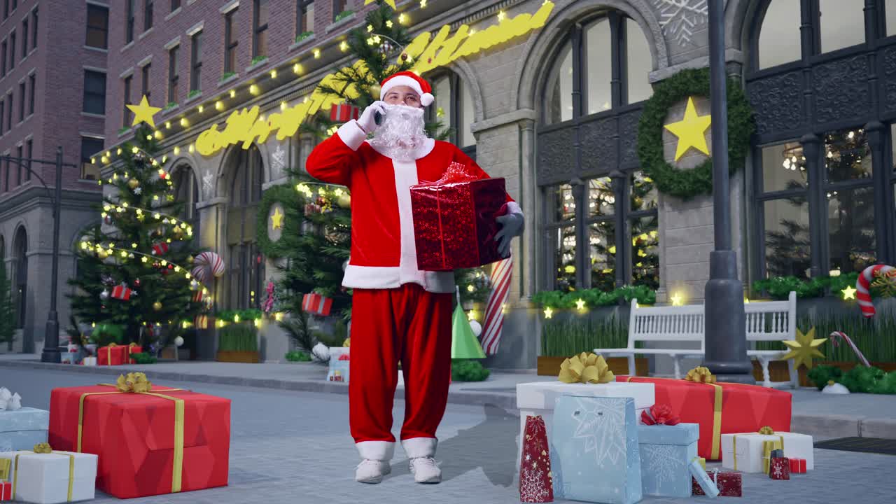 cuerpo lleno de asia santa claus hablando en el teléfono móvil mientras sostiene caja de regalos en la noche de navidad