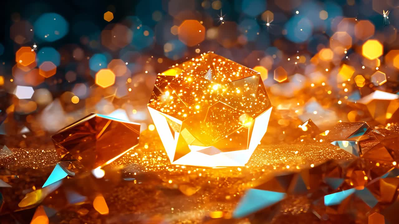 A close up of a large orange crystal with a lot of sparkles. The image has a warm and inviting mood, as the bright orange color and the glittering sparkles create a sense of luxury and opulence