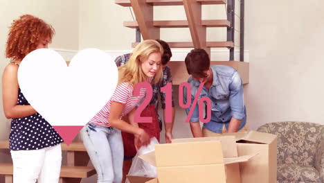animación de corazón y porcentaje en rosa sobre diversas personas que se mudan con cajas de cartón