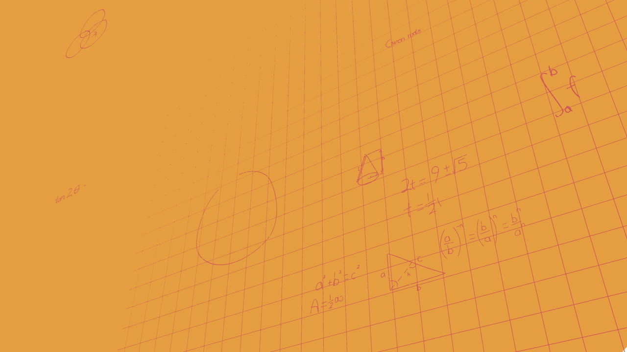 Animation of mathematical equations over grid network against orange background