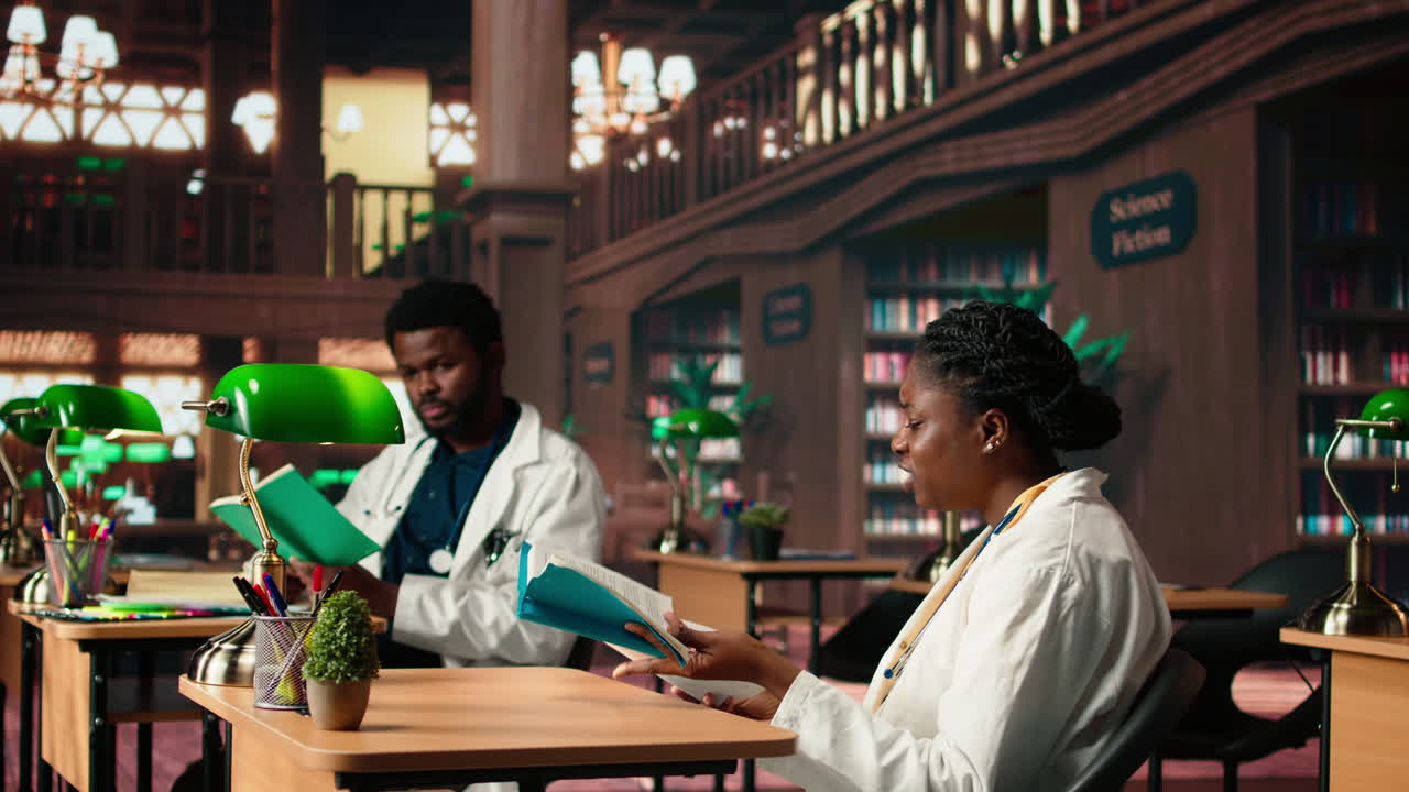 두 명의 의과대학 학자들이 전통적인 도서관에서 공부에 집중하고 있습니다.