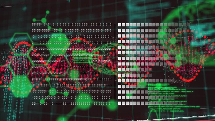 Animatie van beveiligingspictogrammen boven financiële gegevensverwerking op een zwarte achtergrond