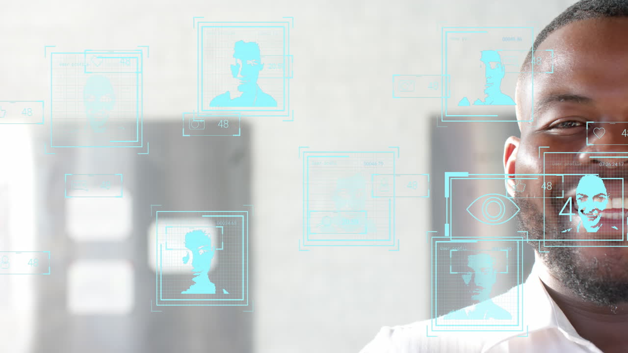 retratos de contacto digital sobre feliz afroamericano hombre de negocios casual en la oficina